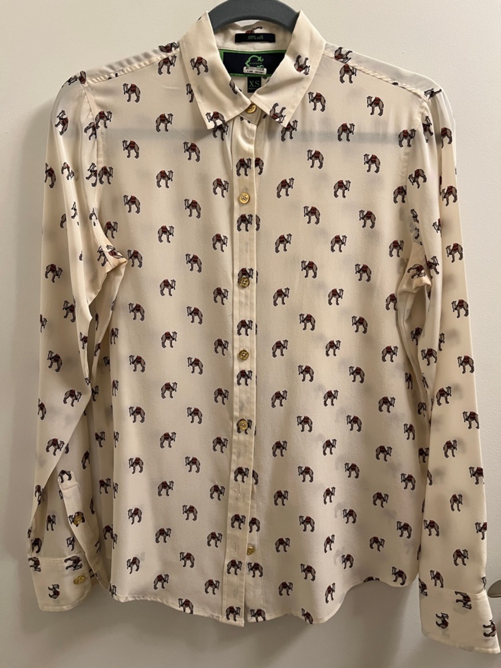 C. Wonder Camel Printed Button-Down Silk Shirt - XS